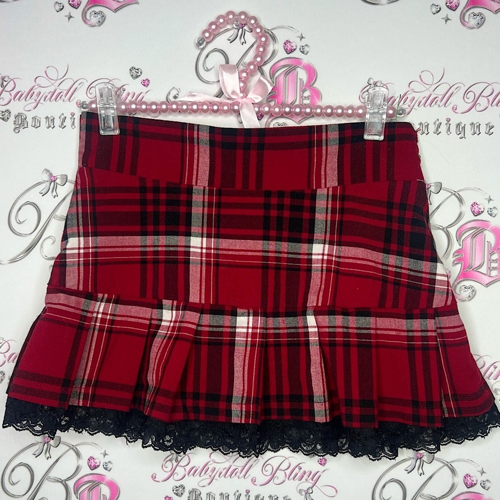 Mariposa skirt mini school girl plaid sexy lace bottom red black white y2k